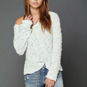 FREE PEOPLE Songbird Nubby Knit V-Neck Sweater Mint Green Sz XS Cotton Boucle